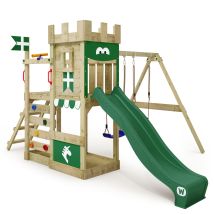 Wickey – Aire De Jeu En Bois Avec Balançoire Double Et Bac À Sable – Toboggan Ondulé 220 Cm – Mur D'Escalade Et Échelle Inclinée – 10 Ans De Garantie