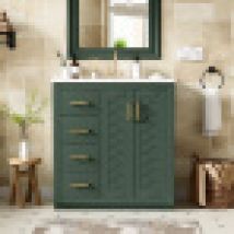 Set Lavabo 30 Pollici Con Lavabo In Ceramica, Struttura In Legno Massello, Mobile Bagno Freestanding Con 3 Cassetti E Chiusura Ammortizzata Delle Ante