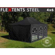Faltzelt Flextents Steel 4x6m Schwarz, Mit 4 Seitenwänden
