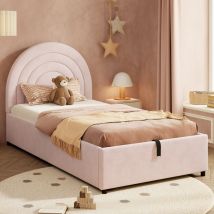 Letto Singolo Imbottito 90x200cm Letto Per Bambini Letto Contenitore Testiera Rete A Doghe Sollevatore Idraulico Velluto Per Adulti E Ragazzi Rosa