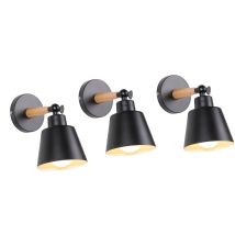 3x Wandleuchte Holz, Moderne Wandlampe Innen Mit Metall Lampenschirm, Wandstrahler Art Licht Decor Für Wohnzimmer Schlafzimmer (schwarz)