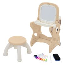 Mesa De Dibujos Infantil Con Pizarra Blanca Y Taburete Set De Caballete 3en1 Marrón Para Niños A Partir De 3 Años, Mesa De Actividades Con Diseño De 
