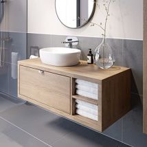 Vitusso - Bathroom Oak Wall Hung Vanity Unit And Basin Sink Cabinet Storage 1100mm Right Hand Shelving Unit With 480mm Oval White Basin
