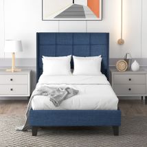 Letto Imbottito Letto In Tessuto In Lino, Giroletto Con Rete A Doghe E Testiera Imbottita, 90x200cm, Blu