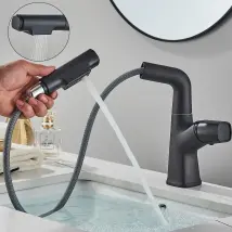 Mitigeur Lavabo Noir Avec Douchette Extensible,robinet Salle De Bain Réglable En Hauteur , Robinet Noir Pour Vasque Levier