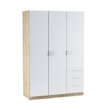 Armadio Con Tre Ante E Tre Cassetti, Finitura Rovere Canadese/bianco, Dimensioni 121 Cm (l) X 180 Cm (a) X 52 Cm