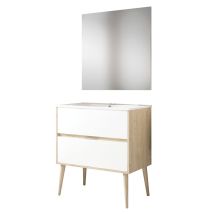 Kibath - Mueble De Baño Con Lavabo, Espejo Y Aplique Led Noruega 70x45 Cm Acabado Roble Y Blanco Mate 2 Cajones Suspendido