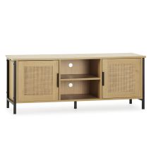 Meuble Tv Cruz 2 Portes Couleur Chêne Avec Rotin Naturel, 120 Cm