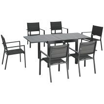 Salon De Jardin En Aluminium Et Textilène Table Extensible 90 À 180 Cm 6 Chaises Empilables 4/6 Personnes Gris