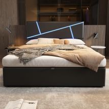 Bequemes Polsterbett Mit Led-lichtleisten,doppelbett Mit Lattenrost, Rückenlehne, Hydraulisches Funktionsbett, Synthetisches Leder, Schwarz