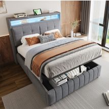 Lit Adulte Double Rangement 140x200 Tête Led Usb Gris Okmyhome