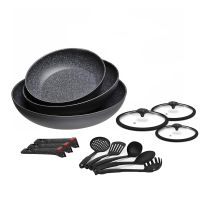 Set Padelle 28-24-20cm Per Induzione Con Coperchi, 5 Mestoli E Manici Removibili