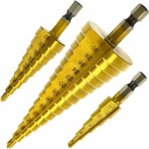 Set De 3 Foret Fraise Meche Etage, Hss Inox Metal, 4-12/20/32mm, Triangle Conique Titane, Avec Tige Hexagone, Pour Visseuse Percage Sur Acier, Laiton,