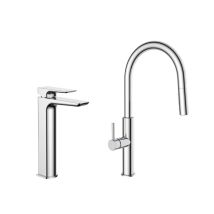 Set Miscelatore Lavabo Alto, Senza Scarico + Miscelatore Cucina Con Doccetta Estraibile A 2 Getti, Cromato (satbsbd285)