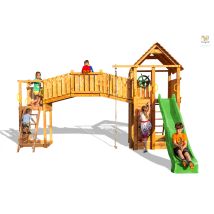 Spielturm 'fortress Tiptop Rainbow', Teak, Mit 2x Turm, Rutsche, Kletterwand, Griffe, Leiter, Holzdach - Fungoo
