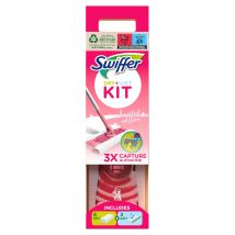Swiffer Starter Kit Lavapavimenti Cattura Polvere Dry, 1 Scopa Rosa + 8 Panni Asciutti + 3 Panni Wet, Cattura E Intrappola Polvere E Peli, Rimuove 
