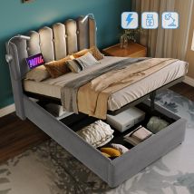 Lit Simple Rembourré 90x200 Cm Avec Lampe De Lecture Et Ports Usb, Tête De Lit Avec Rangement, Velours Gris, Sommier À Lattes (sans Matelas)