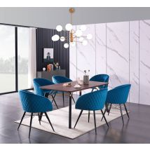 Cosmo Lux Vittorio Esszimmerset – Ein Esstisch Aus Walnussholz Und 6er-set Esszimmerstühle Aus Blauem Samt – Esszimmerküche