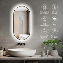 Miroir Rectangle Arrondi Led 50x100 Cm Lumière Réglable 2700 6000 K, Anti-buée Et Cadre Aluminium Noir