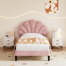 Upholstered Velvet Bed Frame, With Adjustable Chic Petal Headboard, Solid Wood Slat, No Box Spring Needed, Easy Assembly, Single Bed, Pink