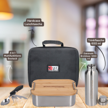 Fan Boîte À Déjeuner Avec Sac De Transport Étanche Inoxydable Avec Couvercle En Bambou 1200 Ml + Gourde En Acier Inoxydable 600 Ml + 4 En 1 Couverts 