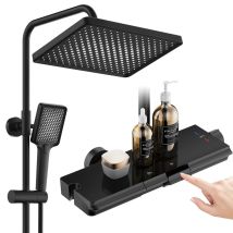 Columna De Ducha Termostática Negra, Altura Ajustable 855-1230 Mm, Conjunto Sin Perforación Adicional, Con Estante Y Botones Tipo Piano, En Latón