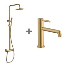 Kibath Pack Columna Y Grifo Lavabo Monomando Oro Acabado Oro Cepillado Fabricado En Latón
