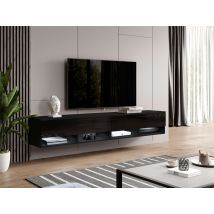 Furnix - Armoire Tv Alyx 200 Cm (2x100cm) Buffet Bas Avec Éclairage Led Noir/noir Brillant