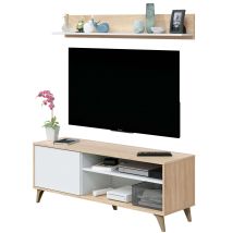 Mirakemueble - Kikua Plus Mobile Tv Con Mensola 135x40x50 Cm, Rovere Bianco, Sistema Push
