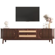 Meuble Tv En Bois Naturel – Banc Tv Avec Portes Et Tiroirs. Console Tv Aux Côtés En Rotin. Solution De Rangement De Style Campagne Naturel.