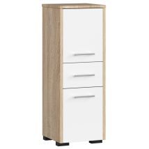 Colonne Salle De Bains 30 Cm – 2 Portes – 1 Tiroir – Façade Blanche – 3 Étagères – Chêne Sonoma – Dimensions 30x30x85 Cm – Abamihome