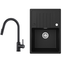 Cecipa Max - Fregadero De Cocina Fregadero De Granito Negro Antracita De 65x45 Cm Con Escurridor + Grifo De Cocina Extensible Negro Con 2 Tipos De 