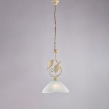 Lampadario In Ferro Laccato Avorio Con Decorazione Oro Antico E Diffusore In Vetro Diametro 30 Alabastro Bianco 1 Luce H.50 - Max 110 - Ø30