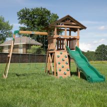 Backyard Discovery Lightning Ridge Cedar Wood Climbing Frame With Wave Slide, Play Deck, Rock Wall, And Sandbox