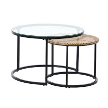 Roomee - Nesting Coffee Table Set Round Coffee Table With Glass And Rattan Top