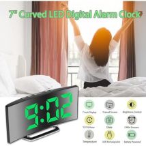 (verde) Sveglia Digitale Per Camere Da Letto, Schermo A Specchio Led Da 7'', 2 Livelli Di Luminosità, 12/24 Ore, Temperatura, Data, Luce Notturna, 