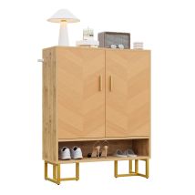 As Easy Meuble À Chaussures Moderne Et Minimaliste, Veinage Bois Unique, Structure En Fer Doré, Meuble De Rangement À Deux Portes, Meuble À Chaussures