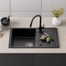 Cecipa Fregadero De Granito Fregadero De Cocina Fregadero De Granito 78x45, Se Puede Montar A La Izquierda O A La Derecha, Negro