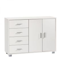 Meuble 2 Portes, 4 Tiroirs, 116 L X 41 P X H 86 Cm – Finition Blanc Flammé – Sarmog