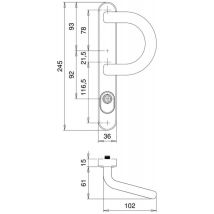 Manilla de puerta Kronos 2005/1045 – Aluminio – Ovalado – Dirección DIN izquierda-derecha – Distancia perforación 92 mm – Ancho 102 mm – Altura 61 mm