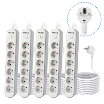 Cilia Lot De 5 Bloc 6 Prises Schuko Avec Interrupteur Lumineux - Multiprise Compacte 1.5m, Puissance 3680w (16a) - Certifiée Sécurité Enfant Pour 
