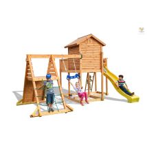 Spielturm 'my Side Spider+', Teak, Mit Rutsche, Einzelschaukel, Leiter, Haus Mit Holzdach Und Kletterturm - Fungoo