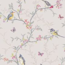 Holden Decor - Dove Grey Multi Color Birds Trees Floral Butterfly Wallpaper