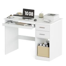 Bureau Informatique Avec 2 Tiroirs, Plateau Clavier Et Étagère De Rangement Ouvert, Bureau Pour Ordinateur 105l X 48p X 75h Cm, Blanc, Mondeer