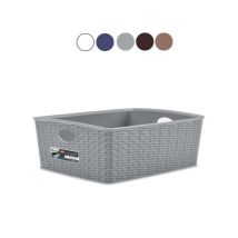 Cesto apilable de polipropileno con asas – Acabado efecto satinado – Decoración de mimbre – 36x29x13 cm
