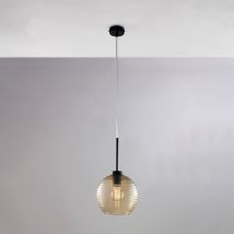 Sospensione In Ferro Laccato Nero Con Cavo Elettrico Regolabile E Diffusore In Vetro Soffiato Ambra Con Rigatura In Rilievo 1 Luce H.41 - Max 141 - 