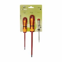 Set di Cacciaviti Isolati VDE 1000V + Tester di Tensione 150-250V – 3 Pezzi – Punta Fosfatata – Ergonomico