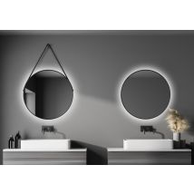Talos Black Light Badspiegel - Dekospiegel - Rund, 80 Cm - Badezimmerspiegel Mit Led Beleuchtung In Neutralweiß - Schwarz - Aufhängeband In Lederoptik