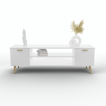 Mobile RTV bianco 135 cm – design scandinavo – Frontali in pannello laminato – Gambe in legno di faggio – Facile da pulire