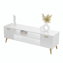Mobile TV FOCUS bianco 155 cm – Design Scandinavo – Pannello laminato – Gambe in legno di faggio – Facile da pulire